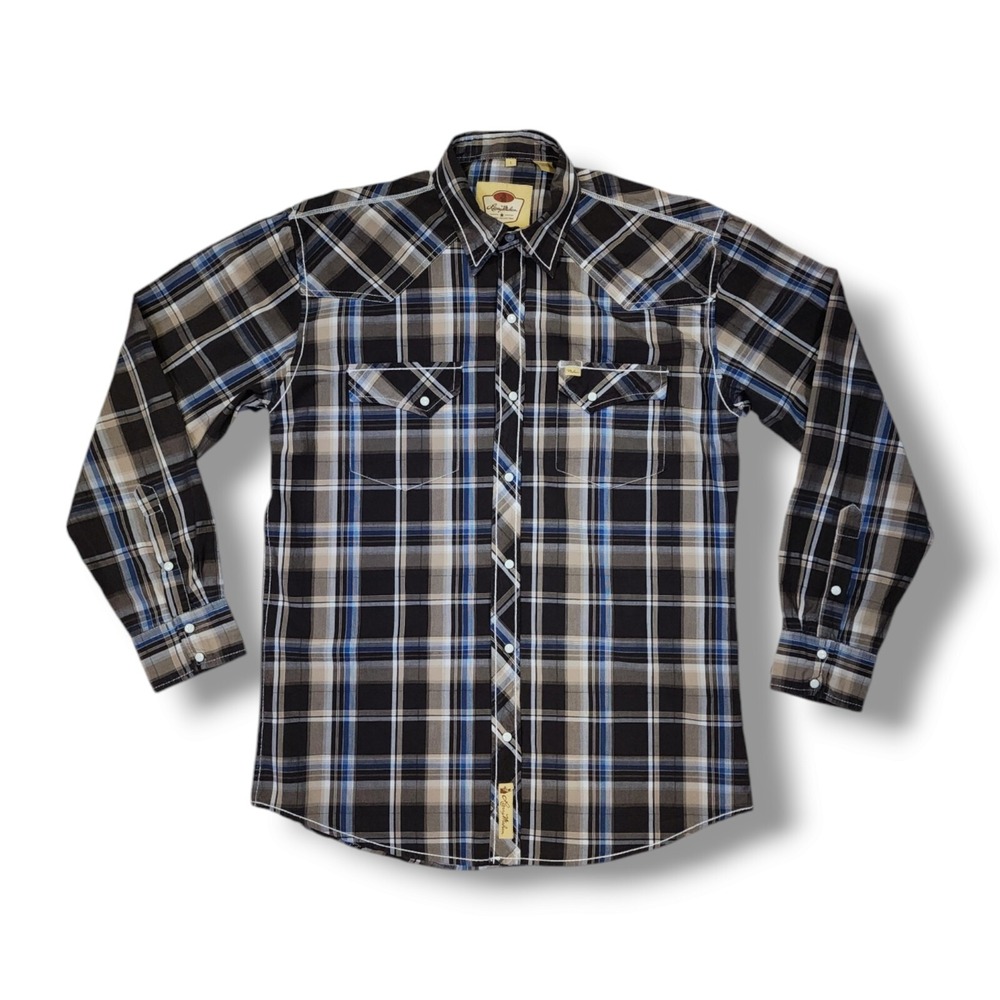 Larry Mahan Western Brown/Blue Plaid Pearl Snap‎ Long Sleeve Shirt Men's Size L